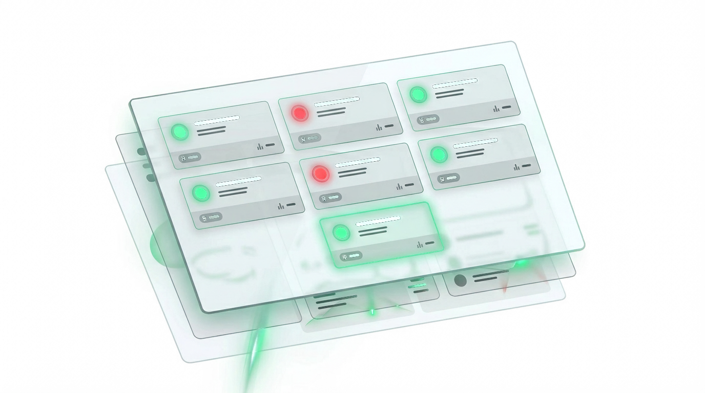 Glassmorphism-Dashboard mit Komponenten-Health-Cards und gr&uuml;n/roten Status-Indikatoren f&uuml;r Software-Lieferketten-Transparenz.